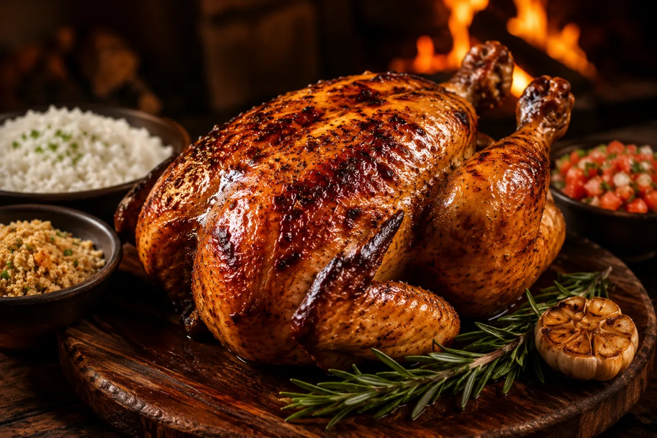Frango assado na brasa com acompanhamentos